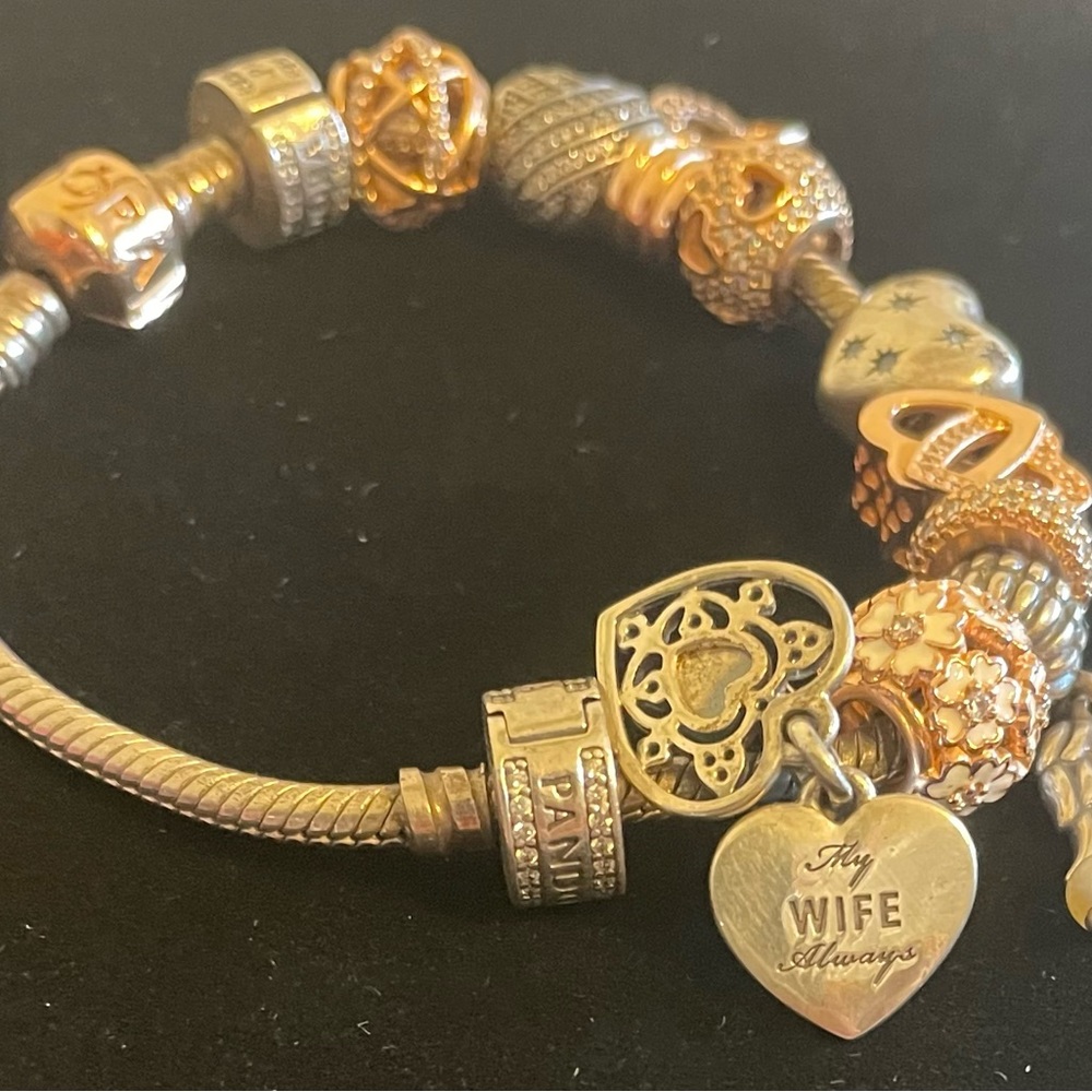 Authentic Pandora 7” Bracelet & 10 Pandora Charms With “My Wife Always” Charm